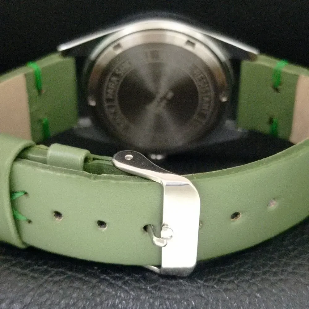 Vintage 1977 HMT Manual Wound Mens Silver Watch & Green accents